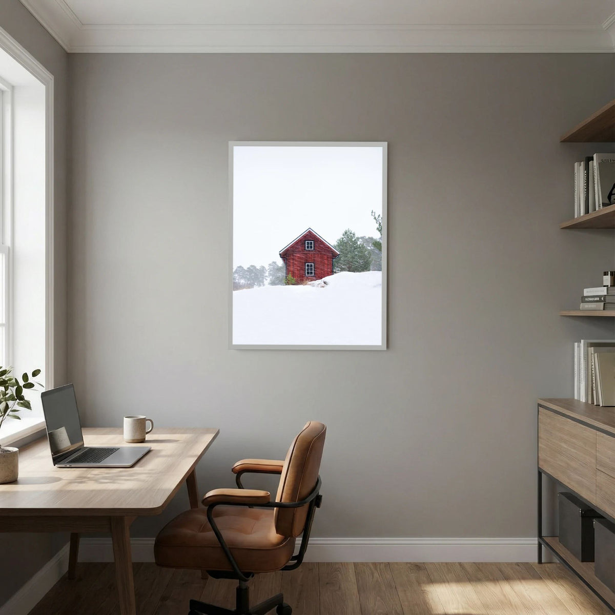 Old red house during snowstorm 